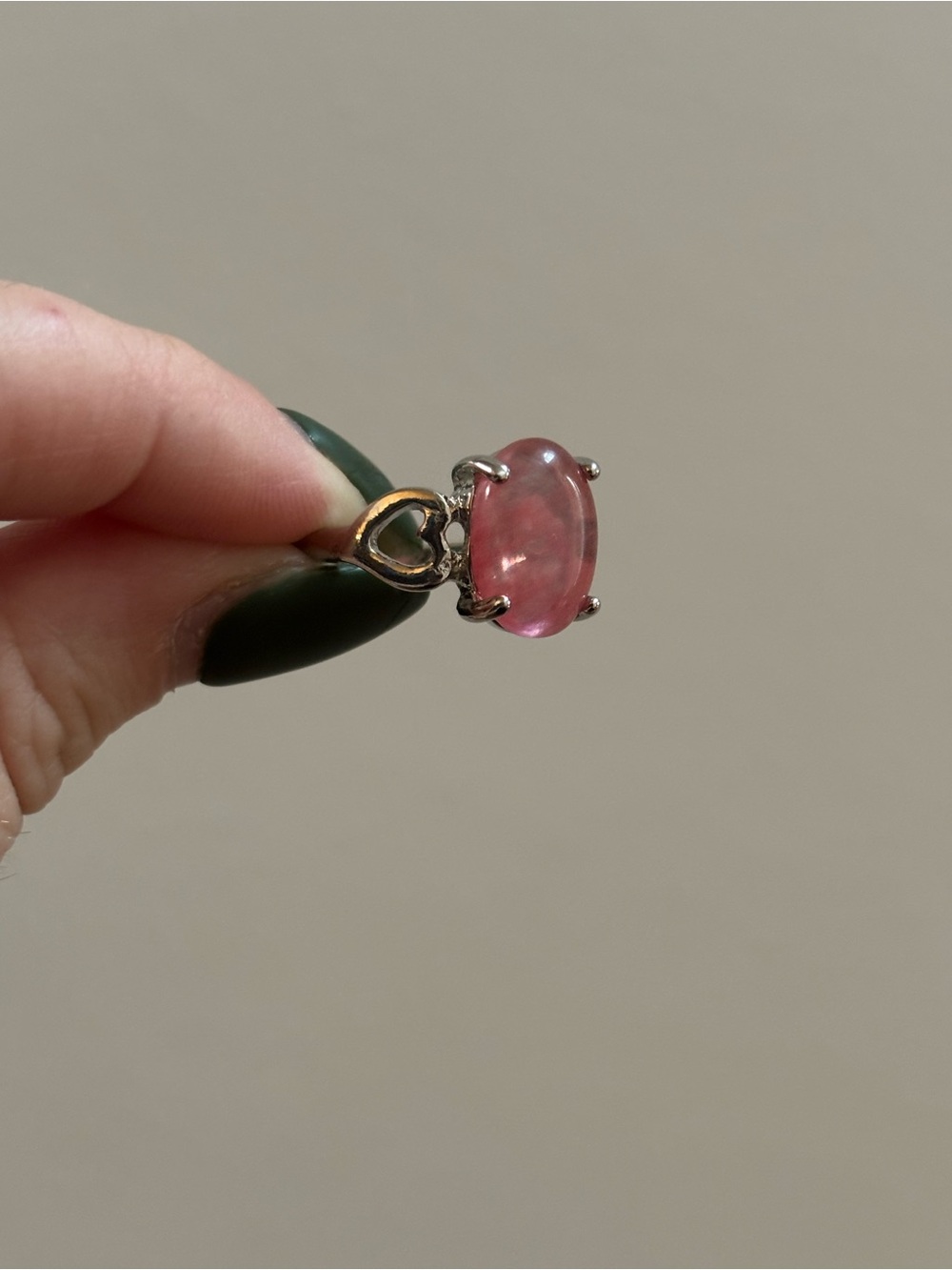 Silver Tone Pink Round Gemstone Statement Ring with Heart Cutouts - Picture 2 of 5
